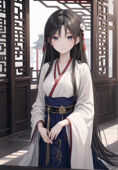 8k picture quality, extreme picture, courtyard, a girl, light color Chinese style Hanfu, medium big chest, long hair with bangs, delicate face, lovely appearance, medium height, big eyes staring ahead, pure desire, mouth slightly open, smile,