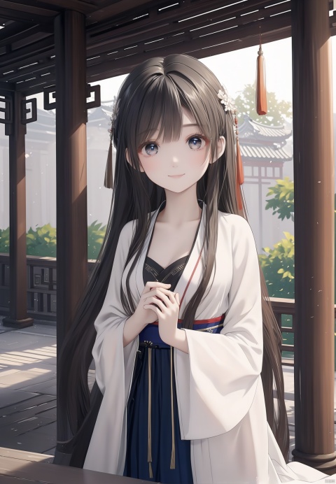 8k picture quality, extreme picture, courtyard, a girl, light color Chinese style Hanfu, medium big chest, long hair with bangs, delicate face, lovely appearance, medium height, big eyes staring ahead, pure desire, chest groove, mouth slightly open, smile,