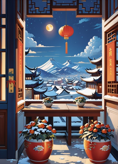  Thick painted Chinese cartoons, Modern painting,Feng Zikai,,winter,Asian city,  Depicting New Year's Eve, in the dining hall, the seats are fresh and refreshing, landscapes, houses, outdoor,night,sky, windows, plants,fireworks, flowers and plants, white clouds, potted plants, flower pots, blue sky, novel illustration style, depicting rural life, warm scenes, Children's book illustrations, official art, complete fingers, perfect composition,