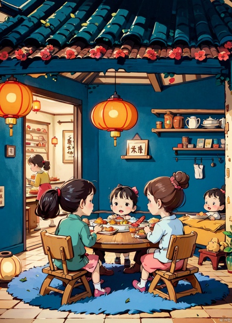  Cute children's illustration, at home on New Year's Eve,Living room dining table,Chinese girl with back to front. many Chinese delicacies on the desktopbuy , 1girl,high_heels,home
