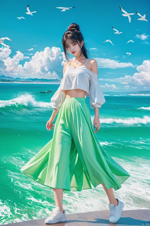  
beach,
Fast boats,
﻿Social art, colorful, 
Color splash, movie perspective, (),
Best quality, masterpiece, ultra-high resolution, modern, China, Song Yun, Oriental, beautiful, denim lens, 1 girl, black hair, bangs, bare shoulders, green eyes, 
sports shoes, socks, white and green dresses, open jacket, hair bun, fluffy long sleeves, (short top: 1.3), pants, (whole body: 1.1), gradient
﻿

﻿(Ultra short skirt),
﻿
