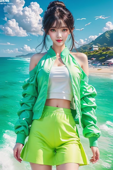
beach,
Fast boats,
﻿Social art, colorful, 
Color splash, movie perspective, (),
Best quality, masterpiece, ultra-high resolution, modern, China, Song Yun, Oriental, beautiful, denim lens, 1 girl, black hair, bangs, bare shoulders, green eyes, 
sports shoes, socks, white and green dresses, open jacket, hair bun, fluffy long sleeves, (short top: 1.3), pants, (whole body: 1.1), gradient
﻿

﻿(Ultra short skirt),
﻿
