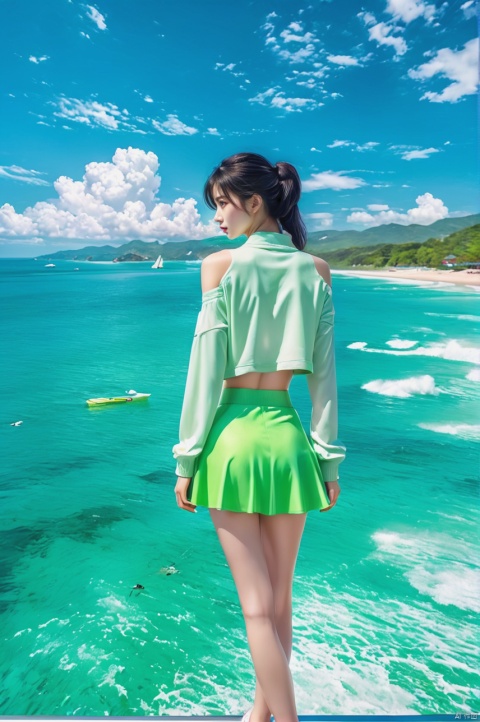  sea,
beach,
Fast boats,
﻿Social art, colorful, 
Color splash, movie perspective, (),
Best quality, masterpiece, ultra-high resolution, modern, China, Song Yun, Oriental, beautiful, denim lens, 1 girl, black hair, bangs, bare shoulders, green eyes, 
sports shoes, socks, white and green dresses, open jacket, hair bun, fluffy long sleeves, (short top: 1.3), pants, (whole body: 1.1), gradient
﻿

﻿(Ultra short skirt),
﻿
