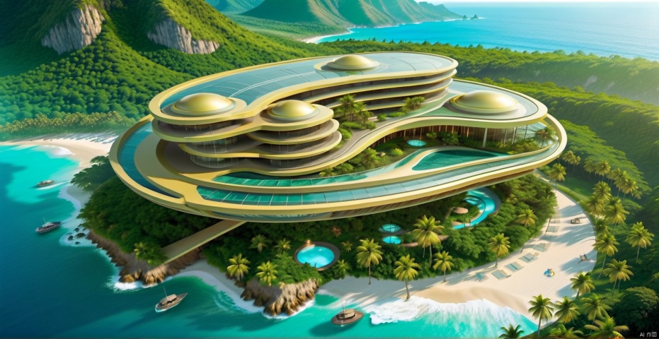  Aerial photography,
Photography,
Science fiction architecture complex,
(Made from gemstones and gold materials 0.0),
Real scenery,
8K,
Ultra detail,
(The sea and beaches 1.0),
(beach 9.9),
The sea,
The ocean waves,
Giant waves in the ocean,
Alien spacecraft,
A perfectly curved building,
Summer green plants, circuitboard, science fiction, Illustration, Beach