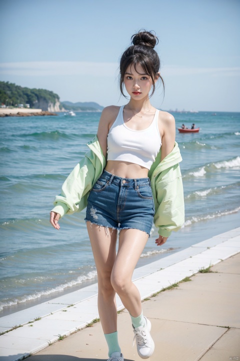beach,Mothers and children,
Fast boats,
﻿Social art, colorful, 
Color splash, movie perspective, (),
Best quality, masterpiece, ultra-high resolution, modern, China, Song Yun, Oriental, beautiful, denim lens, 1 girl, black hair, bangs, bare shoulders, green eyes, 
sports shoes, socks, white and green dresses, open jacket, hair bun, fluffy long sleeves, (short top: 1.3), pants, (whole body: 1.1), gradient
﻿

﻿(Ultra short skirt),
﻿