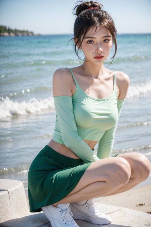 beach,


A mother,
A child,

Fast boats,
﻿Social art, colorful, 
Color splash, movie perspective, (),
Best quality, masterpiece, ultra-high resolution, modern, China, Song Yun, Oriental, beautiful, denim lens, 1 girl, black hair, bangs, bare shoulders, green eyes, 
sports shoes, socks, white and green dresses, open jacket, hair bun, fluffy long sleeves, (short top: 1.3), pants, (whole body: 1.1), gradient
﻿

﻿(Ultra short skirt),
﻿