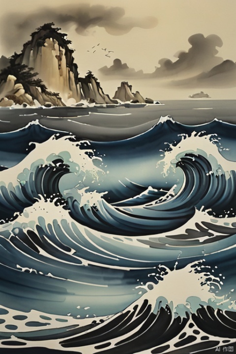 ocean,
Chinese ink painting,
