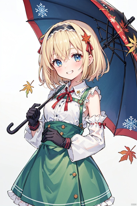 1girl, alice_margatroid, autumn_leaves, bangs, black_gloves, black_umbrella, blonde_hair, branch, breasts, dress, floral_background, gloves, grin, hair_between_eyes, hairband, holding, holding_umbrella, leaf, leaf_background, long_sleeves, looking_at_viewer, maple_leaf, medium_breasts, neck_ribbon, oil-paper_umbrella, parasol, red_ribbon, ribbon, short_hair, smile, snowflake_background, snowflakes, solo, umbrella
