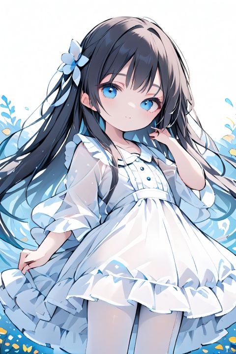 (masterpiece),(best quality),(colorful),loli,watery eyes,cute face,solo,stand,long hair,blue eyes,white theme,looking at viewer,black hair,very long hair,flower,choubull,ken shoulders,froth,detail face,beautiful hand,sheer lolita,sheer skirt,flowers meadows,white sheer lolita,white sheer skirt,white dress,see-through,white pantyhose, sheer lolita