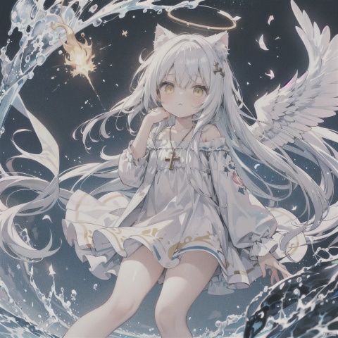  white hair, yellow eyes, looking up, stockings, long hair, hime cut, messy hair, floating hair, demon wings, halo, cross necklace, holy, divinity, shine, holy light, cat girl, (loli), (petite), solo, mcaocao,