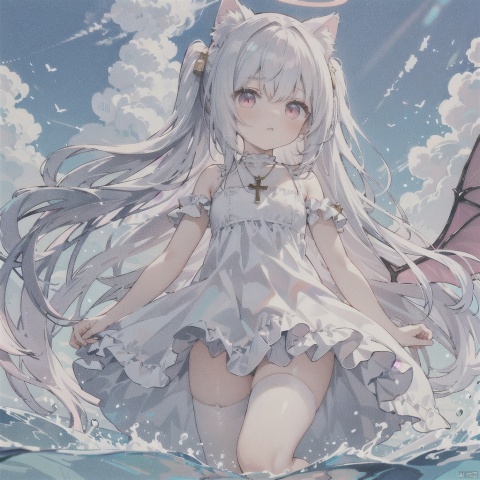  white hair, pink eyes, looking up, stockings, long hair, hime cut, messy hair, floating hair, demon wings, halo, cross necklace, holy, divinity, shine, holy light, cat girl, (loli), (petite), solo, mcaocao,water，star，