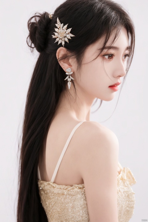  1girl, solo, realistic, dress, earrings, jewelry, hair ornament, holding, white dress, standing, looking to the side, simple background, jujingyi,Loli，young，