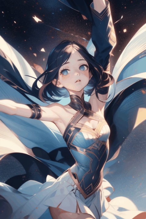  a girl is falling from the sky,cloth and hair float upwards,A melancholic expression,Open arms,Exquisite facial features, star,detailed face,detailed eyes