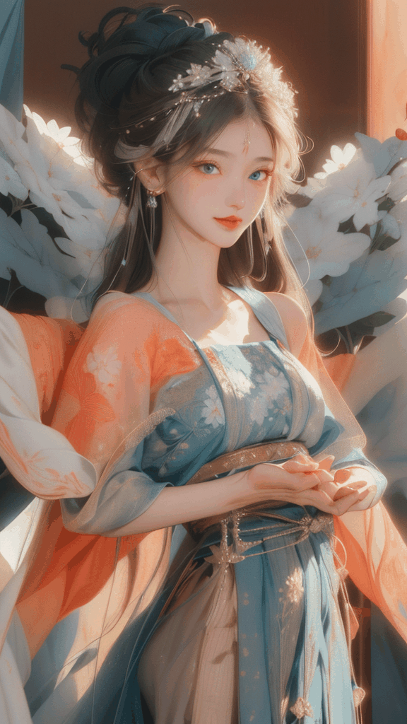  HUBG_Rococo_Style(loanword),
1girl, hanfu, hyper-realistic portrait of a mysterious woman with flowing silver hair, piercing blue eyes, and a delicate floral crown, light smile, own hands together, HUBG_Beauty_Girl, HUBG_Peach_Fuzz, HUBG_CN_illustration