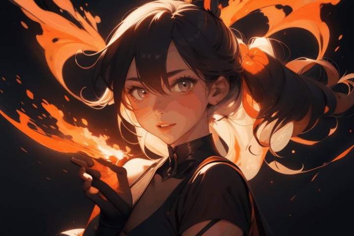  The girl is holding a burning flame in her hand,happy expression,floating hair, HTTP, fire, darktheme