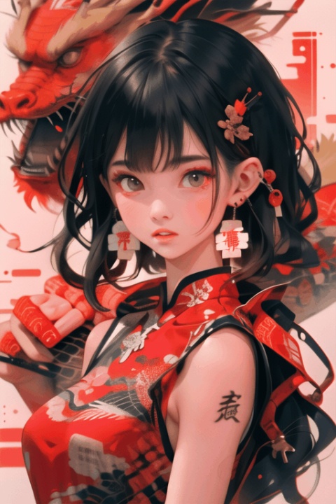  1 girl, bangs, Chinese style, black hair, black eyes, chest, earrings, red dragon patterned dress, earrings, floating hair, jewelry, sleeveless, short hair, looking at the observer, parted lips, perforations, energy, a colorful Eastern dragon,