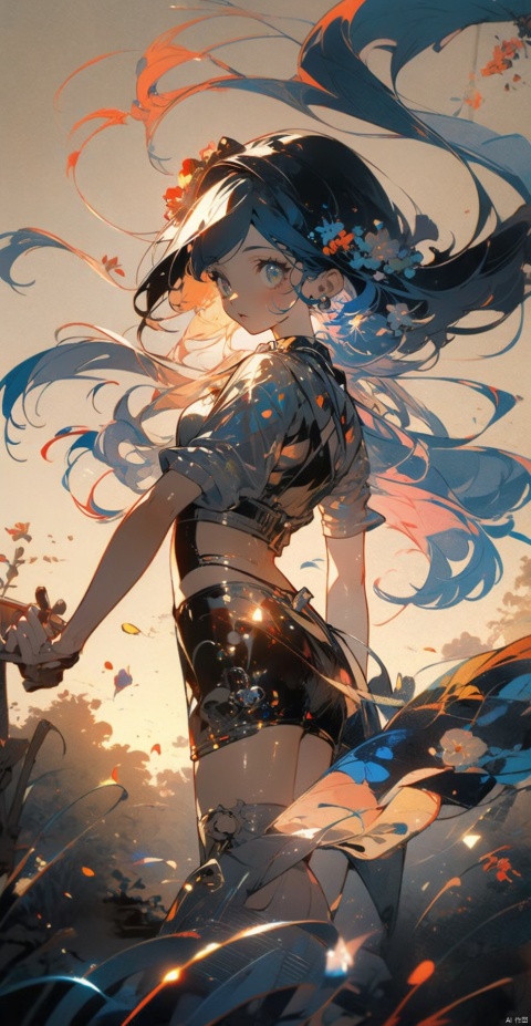  Girl, butterfly, forest, sunset, falling flowers, blue hair, long hair, long legs, high-definition, jellyfishforest, midjourney portrait, qingsha,look down at,knife,blood,bloody,heart,wound