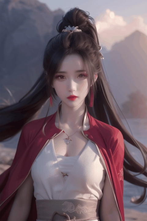  1 girl, red lips, long hair blown by the wind, ponytail,red cloak, windy, Whole-body, solo, cute, looking at me, jewelry, necklace, hair accessories, tea hair, whole body, Chinese clothing, hanfu, photography collection, light and shadow, textured skin, super details,outdoor