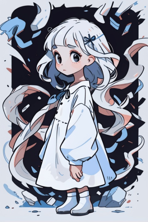  1 Girl,side view,（Fall to the ground）,upper body, white,blank face, clear bangs, clear hair, black eyes, blue ribbon, pale face, white dress, white socks, clear long hair, long sleeves, looking at the audience, standing, black plant, ribbon, solo, white background, white dress, midjourney