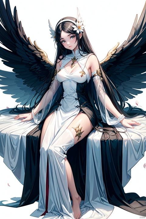  ((illustration)),(character setting),(high quality),(masterpiece:1.1),((best quality:1.1)),((((simple background)))),YHMV1,(fantansy art),1girl,((arms_crossed)),flower,wings,long hair,jewelry,full body,solo,black hair,feathered white wings,bracelet,cloud,feathers,necklace,petals,((white robe)),bare shoulders,flying,,,,(white background),,