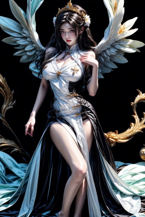  ((illustration)),(character setting),(high quality),(masterpiece:1.1),((best quality:1.1)),((((simple background)))),YHMV1,(fantansy art),1girl,((arms_crossed)),flower,wings,long hair,jewelry,full body,solo,black hair,feathered white wings,bracelet,cloud,feathers,necklace,petals,((white robe)),bare shoulders,flying,,,,(white background),,