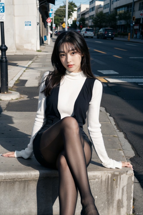  1girl, black pantyhose,street,sit,looking_at_viewer,crossed_legs_(sitting)