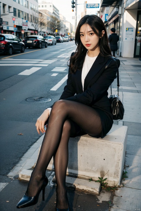  1girl, black pantyhose,street,sit,looking_at_viewer,crossed_legs_(sitting)