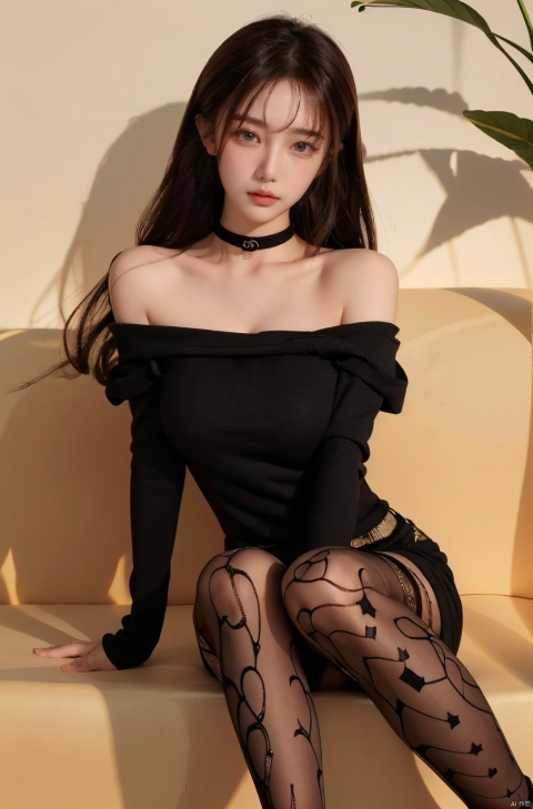 (Good structure), HDR, UHD, 8K, A real person, (masterpiece:1.21),(best quality:1.331),((ultra-detailed)),((extremely best illustration)),((amazing)),1girl,Black tight sweater, off the shoulder, with straps, sitting,, black choker,cleavage, , blackpantyhose,,brown-hair, yanlingji