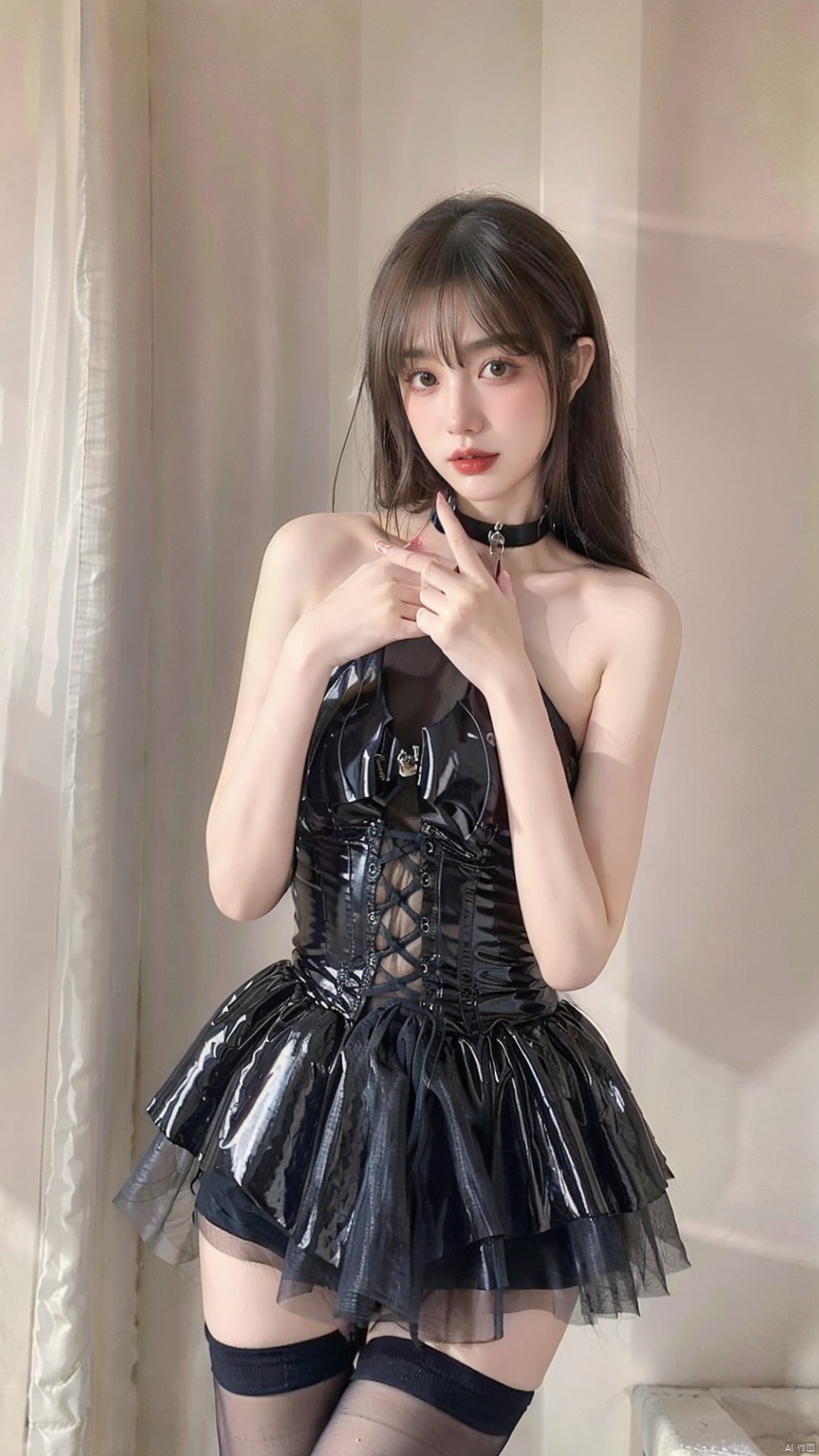  1GIR, (Masterpiece: 1.3), (Best Quality: 1.3), (Photorealistic: 1.4), Realistic, 4K, ((Blonde))), (Upper Body), NSFW, Milf, Detail Face, Detail Eyes, Indoor, Bedroom, Big Breasts, (Black Dress, Thigh High)), ((Short Skirt)), Patent Leather Dress