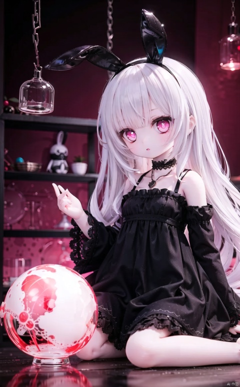  ((young girl:1.2)), ((distinctive gothic style:1.2)), ((sleek black dress:1.2)) ((intricate lace details:1.2)), ((eerie aesthetic:1.2)), ((black dress flows around her:1.2)), ((bell-shaped sleeves:1.2)), ((Black chocker with a pendant:1.2)), pale skin, red eyes, sitting down, ((holding creepy bunny doll:1.2)), ((eerie setting:1.2)), ((Dark bunny ears:1.2)), beautiful face , side view, chains hanging from ceiling, chains hanging from ceiling, glass window dirty with blood, glowing pink moon, Perfect hands, ,starrystarscloudcolorful,(unusual pupils), (glowing eyes), (magic eyes),soul card, line,Niji - Horror Style, backlight
