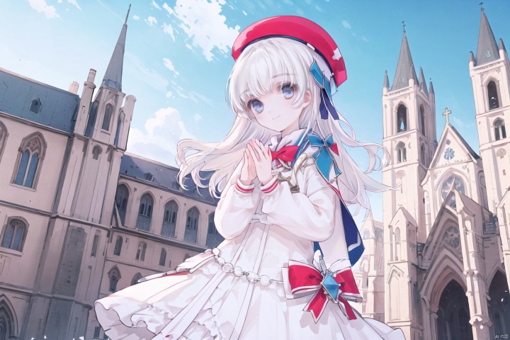  1girl, solo, long hair, hat, dress, outdoors, white hair, smile, looking at viewer, blue eyes, long sleeves,white dress,Perfect hands, sky, beret, day, building, bangs, red bow, cathedral background,