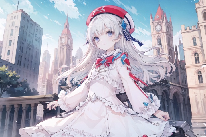  1girl, solo, long hair, hat, dress, outdoors, white hair, smile, looking at viewer, blue eyes, long sleeves, white dress, sky, beret, day, building,  bangs, red bow, 