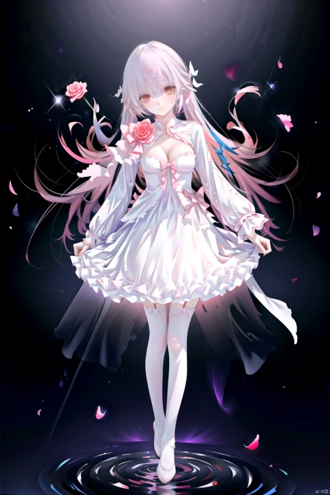 1girl,solo,long hair,dress,bow,thighhighs,very long hair,red eyes,rose,flower,white dress,white thighhighs,pink bow,white footwear,white hair,long sleeves,looking at viewer,hair bow,full body,floating,bangs,frills,pink hair,breasts,boots,pink rose,thigh boots,parted lips,pink flower,high heels,