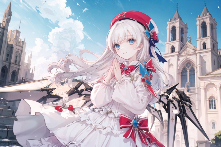  1girl, solo, long hair, hat, dress, outdoors, white hair, smile, looking at viewer, blue eyes, long sleeves,wings white dress, hiding hands,sky, beret, day, building, bangs, red bow, cathedral background,