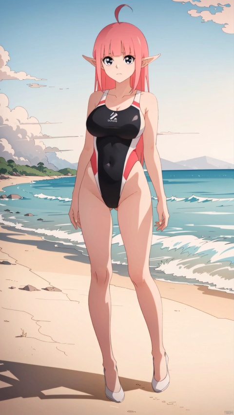  Xiaolan,1girl,solo,pink hair,long hair,ahoge,black eyes,bangs,blunt bangs,closed mouth,collarbone,elf,long pointy ears,large breasts, competition swimsuit, 

(full-body shot, full body:1.3),(on the beach:1.1),