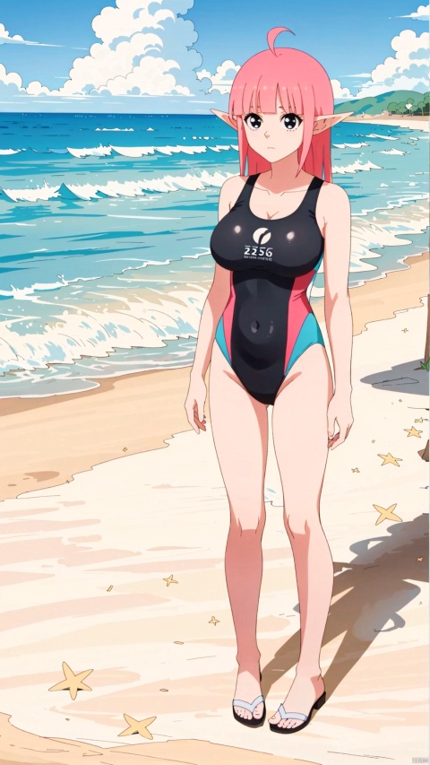  Xiaolan,1girl,solo,pink hair,long hair,ahoge,black eyes,bangs,blunt bangs,closed mouth,collarbone,elf,long pointy ears,large breasts, competition swimsuit, 

(full-body shot, full body:1.3),(on the beach:1.1),