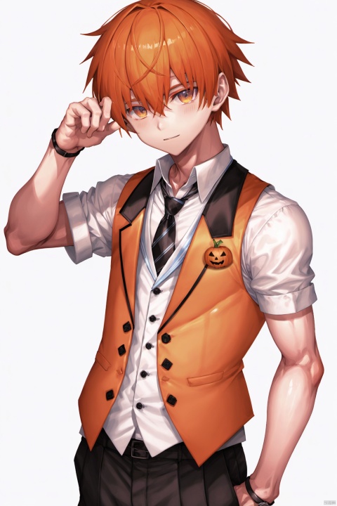 1boy,shy,shota，sweat，yandere，vest，pectorals, halloween, jack-o'-lantern, 