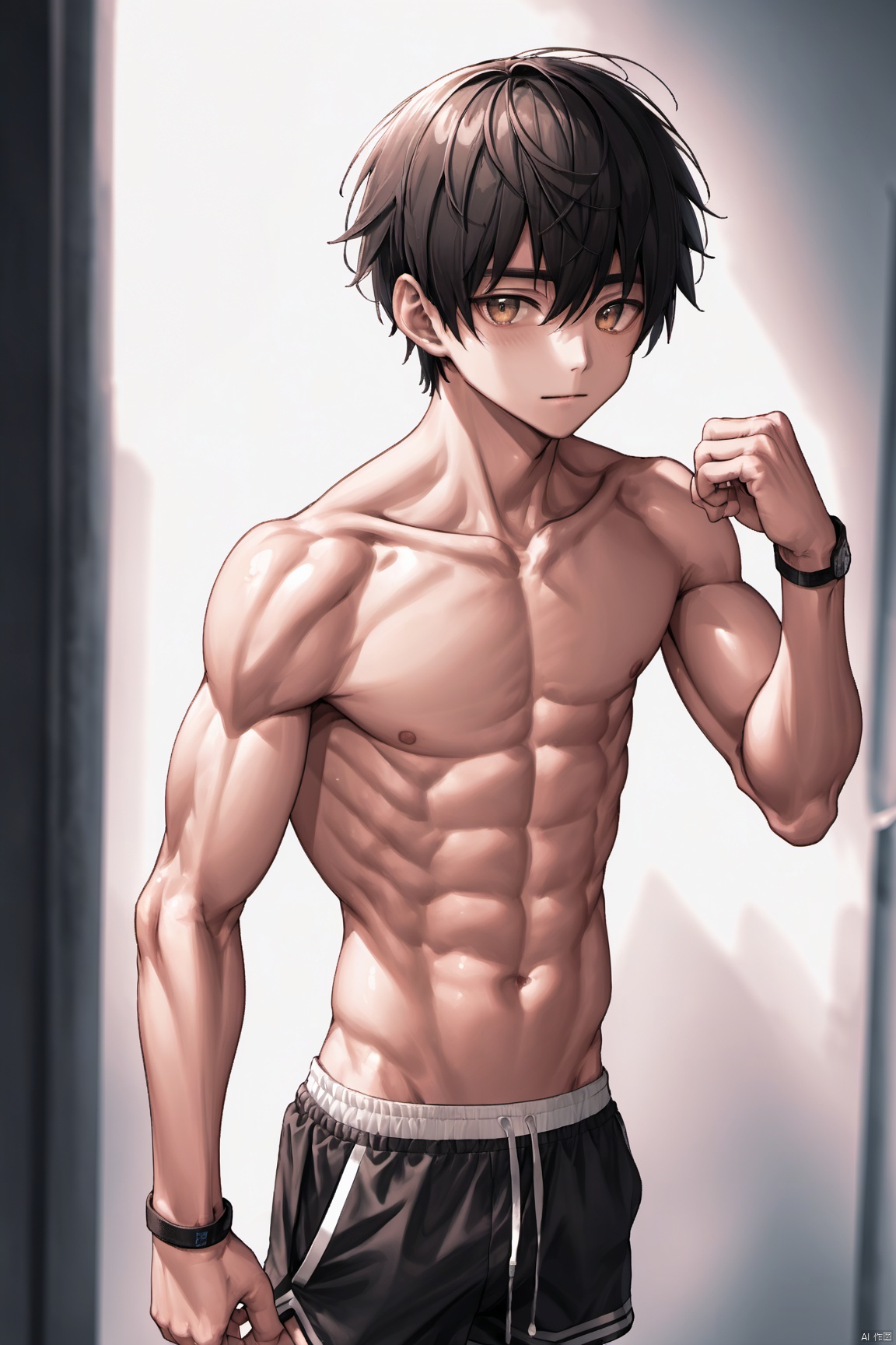  1boy,shy,shota，gym_shorts，sweat，