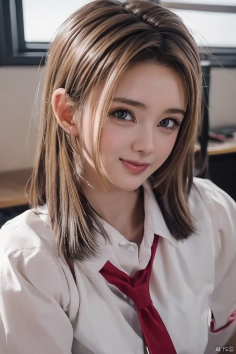  1girl, solo, silver hair, adults look like 10 years old, red eyes, looking at viewer, best quality, masterpiece, highres, official art,extremely detailed cg unity 8k wallpaper, sweet smile, pale and milky skin, big eyes, upper body, in class, school tie