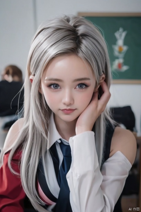  1girl, solo, silver hair, adults look like 10 years old, red eyes, looking at viewer, best quality, masterpiece, highres, official art,extremely detailed cg unity 8k wallpaper, sweet smile, pale and milky skin, big eyes, upper body, in class, school tie