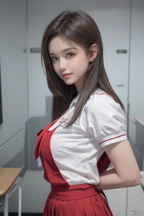  1girl, solo, silver hair, adults look like 10 years old, red eyes, looking at viewer, best quality, masterpiece, highres, official art,extremely detailed cg unity 8k wallpaper, sweet smile, pale and milky skin, big eyes, upper body, in class, school tie, supergirl uniform 