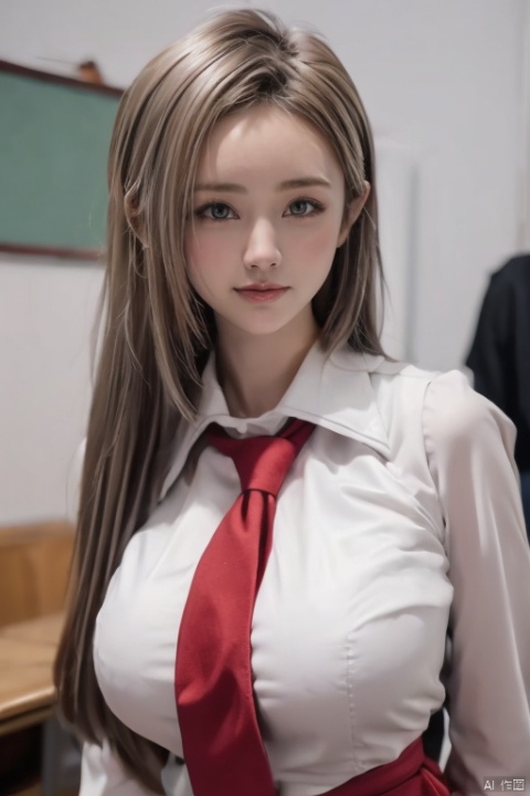  1girl, solo, silver hair, adults look like 10 years old, red eyes, looking at viewer, best quality, masterpiece, highres, official art,extremely detailed cg unity 8k wallpaper, sweet smile, pale and milky skin, big eyes, upper body, in class, school tie