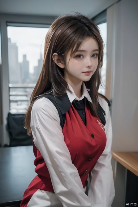  1girl, solo, silver hair, adults look like 10 years old, red eyes, looking at viewer, best quality, masterpiece, highres, official art,extremely detailed cg unity 8k wallpaper, sweet smile, pale and milky skin, big eyes, upper body, in class, school tie