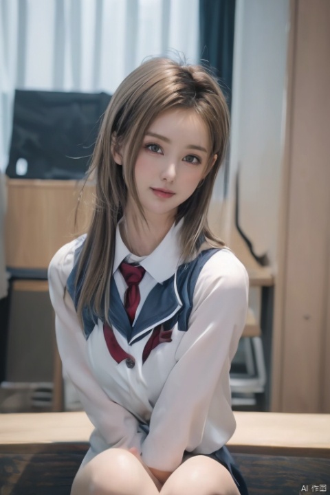  1girl, solo, silver hair, adults look like 10 years old, red eyes, looking at viewer, best quality, masterpiece, highres, official art,extremely detailed cg unity 8k wallpaper, sweet smile, pale and milky skin, big eyes, full body, in class, school tie