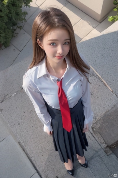  1girl, solo, silver hair, adults look like 10 years old, red eyes, looking at viewer,(from above:1.3), best quality, masterpiece, highres, official art,extremely detailed cg unity 8k wallpaper, sweet smile, pale and milky skin, big eyes, full body, in class, school tie