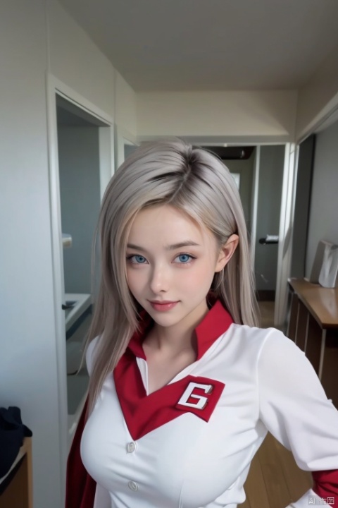  1girl, solo, silver hair, adults look like 10 years old, red eyes, looking at viewer, best quality, masterpiece, highres, official art,extremely detailed cg unity 8k wallpaper, sweet smile, pale and milky skin, big eyes, upper body, in class, school tie, supergirl uniform 