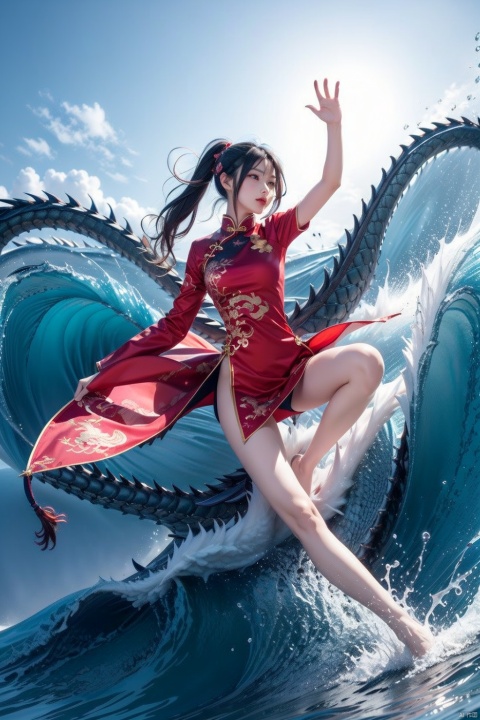  a girl,flipping in the air,waving,dragon,a chinese loong,waves,