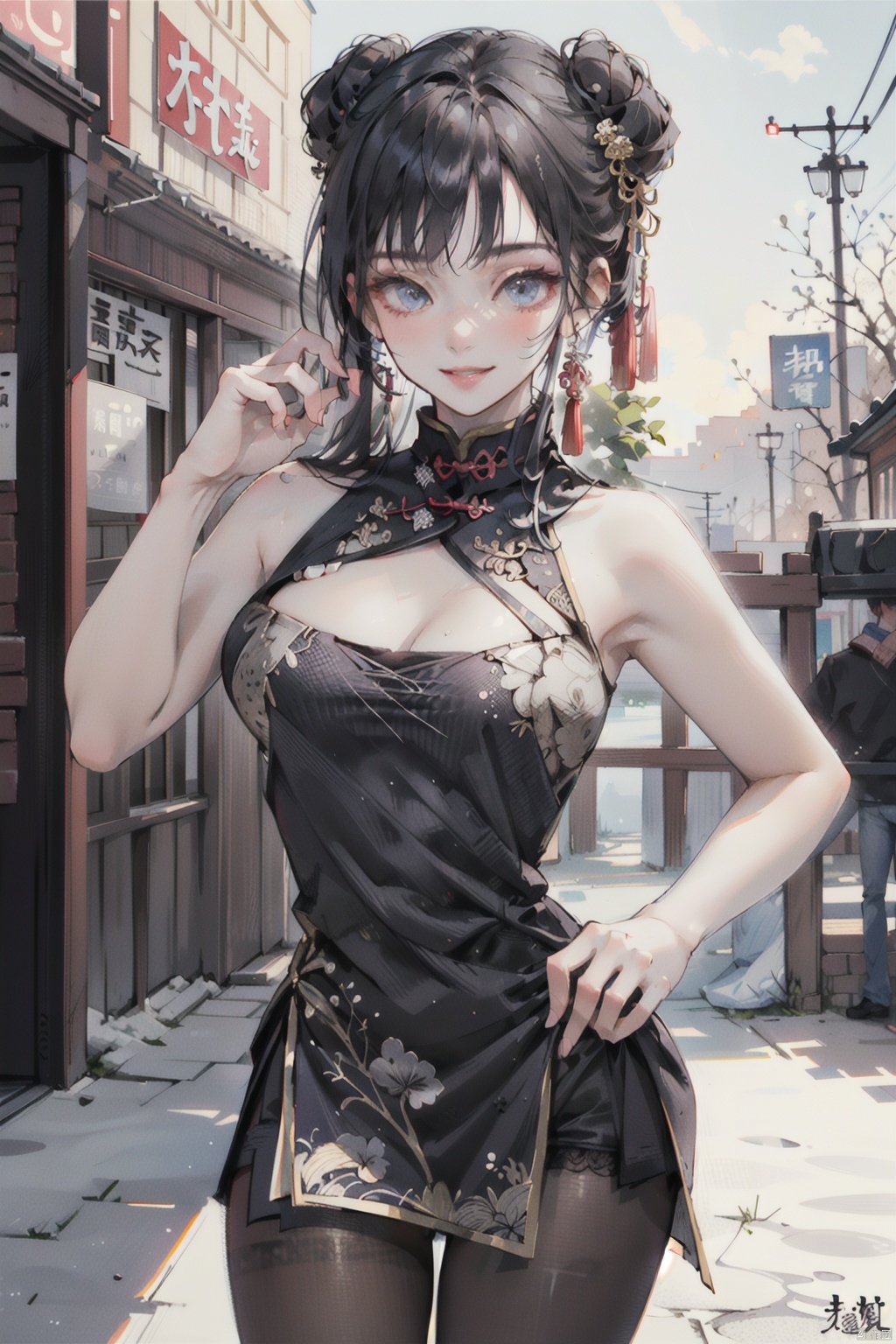  sexy pose,sexy cloth,ultra realistic 8k cg,flawless,clean,masterpiece,professional artwork,famous artwork,cinematic lighting,cinematic bloom,cute expression,intricate detail,best quality,photorealistic,radiant face,cowboy_shot,1girl,solo,chinese style architecture,outdoors,smile,china_dress,pantyhose,