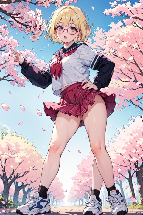  sexy pose,sexy cloth,Best Quality, masterpiece, 16K, JK, uniform, 1 girl, glasses, blonde short hair, school uniform, pink skirt, sneakers, body, outdoor, petals falling, cherry blossom background, sports blurred background
