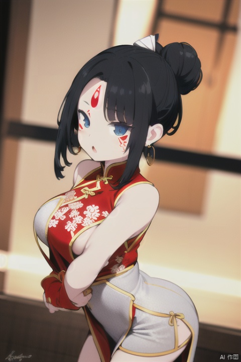 sexy pose,sexy cloth, 1girl, black hair, long hair, dress, solo, white dress, hair ornament, chinese clothes, facial mark, hair bun, forehead mark, earrings, perfect body, scenery, sharp focus, best quality, masterpiece, detailed outfit, illustration, perfect eyes, finely detailed beautiful anime eyes, realistic skin, intricate details, best lighting, depth of field, ultra high resolution,cowboy_shot, dynamic pose, dynamic angle,